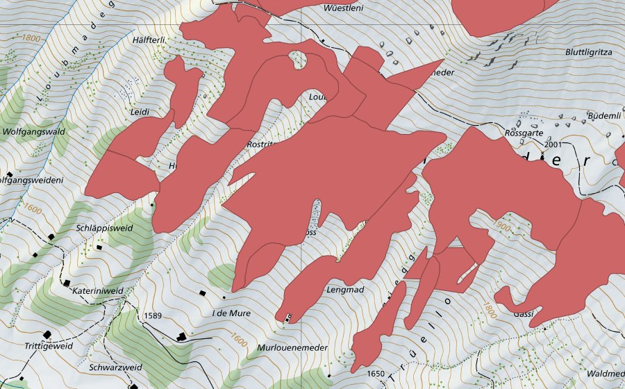 Carte nationale swisstopo avec le périmètre protégé de Färmelmeder (Prairie sèche)