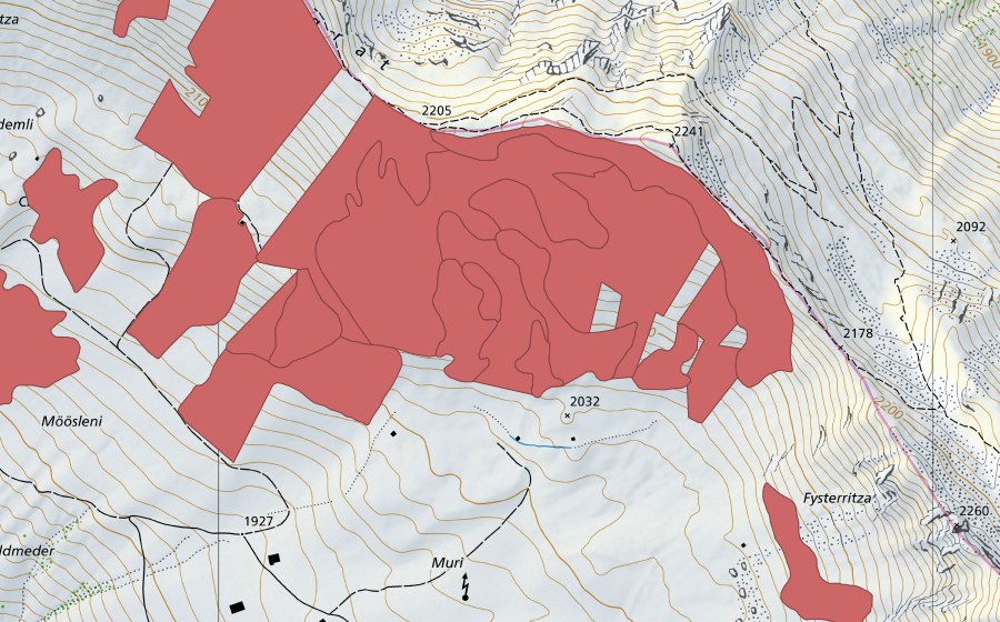 Landeskarte swisstopo mit dem Schutzperimeter von Färmelmeder (Trockenwiese)