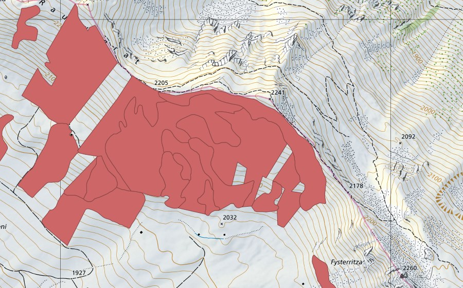 swisstopo national map showing the protected perimeter of Färmelmeder (Dry meadow)