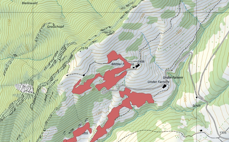 swisstopo national map showing the protected perimeter of Farneren (Dry meadow)