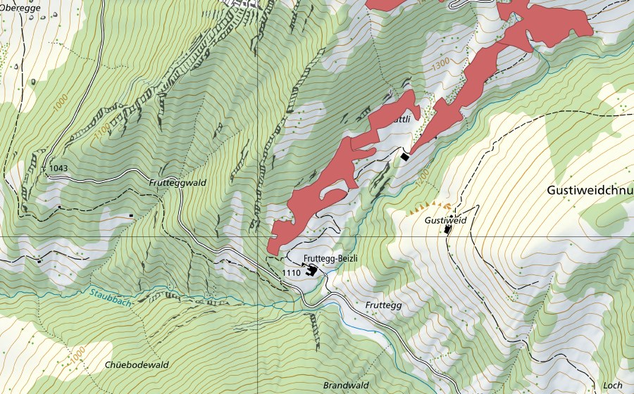 Landeskarte swisstopo mit dem Schutzperimeter von Farneren (Trockenwiese)