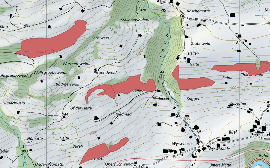 Landeskarte swisstopo mit dem Schutzperimeter von Farniweid (Trockenwiese)