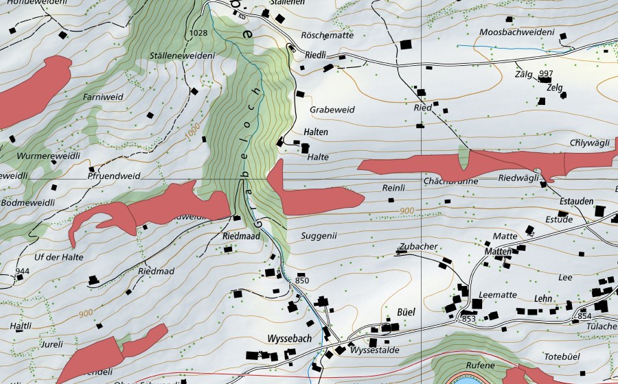 Landeskarte swisstopo mit dem Schutzperimeter von Farniweid (Trockenwiese)