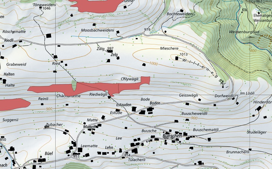 Carte nationale swisstopo avec le périmètre protégé de Farniweid (Prairie sèche)