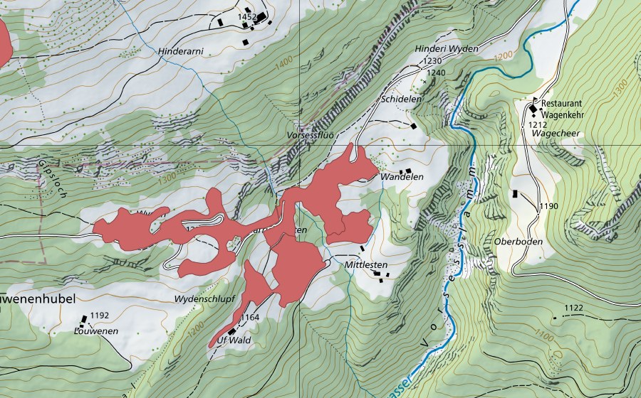 swisstopo national map showing the protected perimeter of Färrichstetten (Dry meadow)