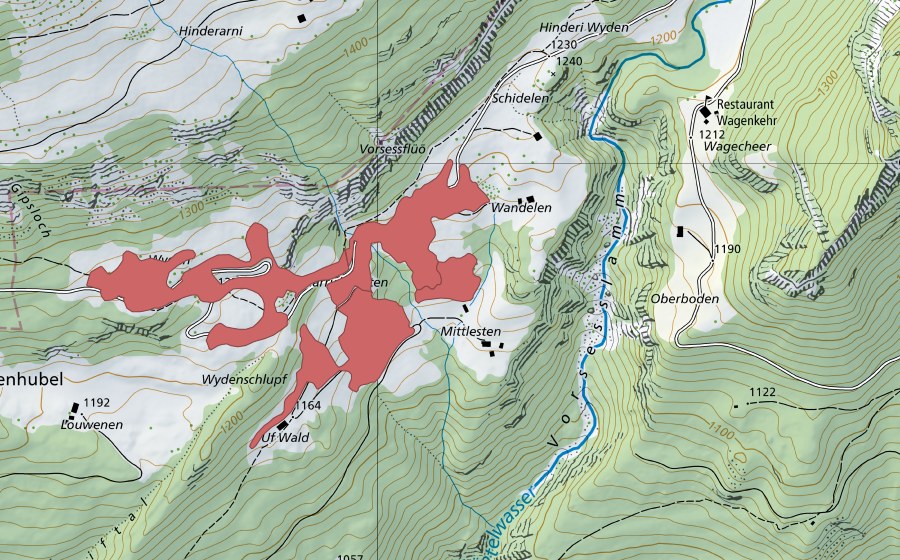 Landeskarte swisstopo mit dem Schutzperimeter von Färrichstetten (Trockenwiese)