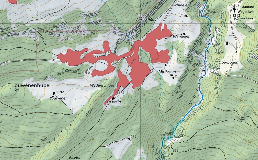 swisstopo national map showing the protected perimeter of Färrichstetten (Dry meadow)