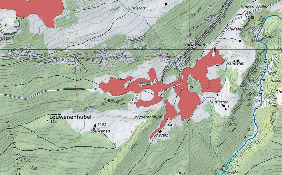 swisstopo national map showing the protected perimeter of Färrichstetten (Dry meadow)