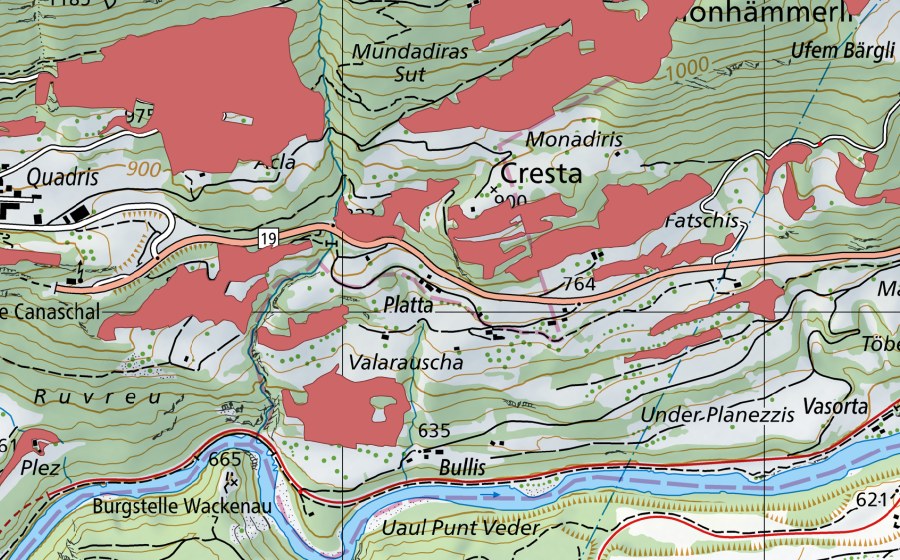 Carte nationale swisstopo avec le périmètre protégé de Fatschis (Prairie sèche)