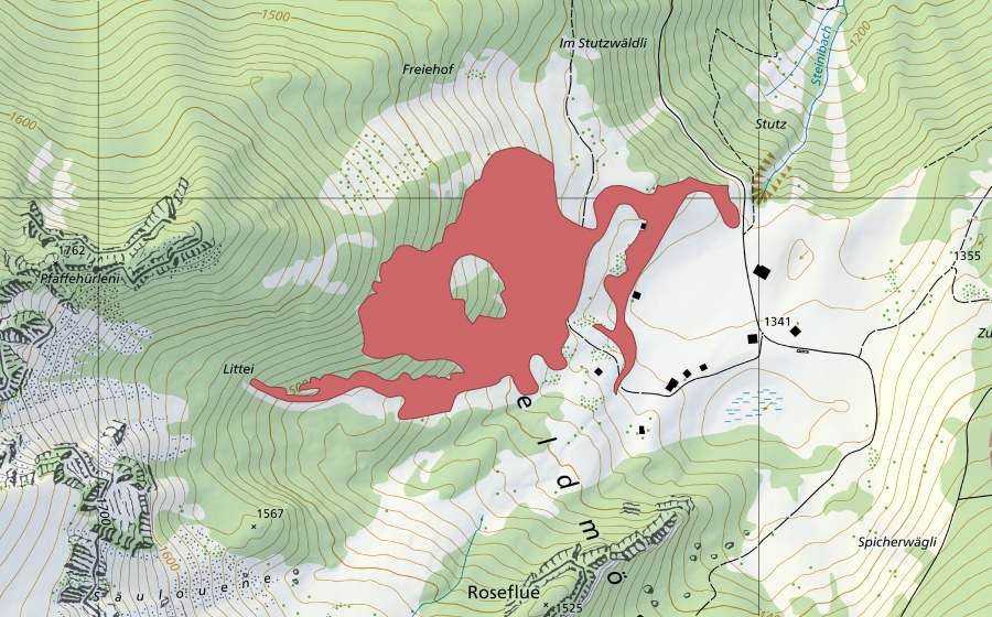 Carte nationale swisstopo avec le périmètre protégé de Feldmöser (Prairie sèche)