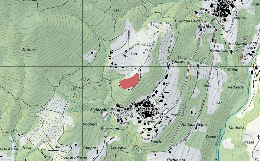Landeskarte swisstopo mit dem Schutzperimeter von Fescoggia (Trockenwiese)