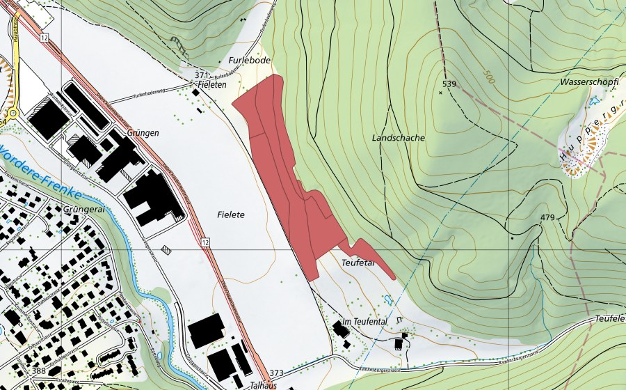 Carte nationale swisstopo avec le périmètre protégé de Fieleten (Prairie sèche)