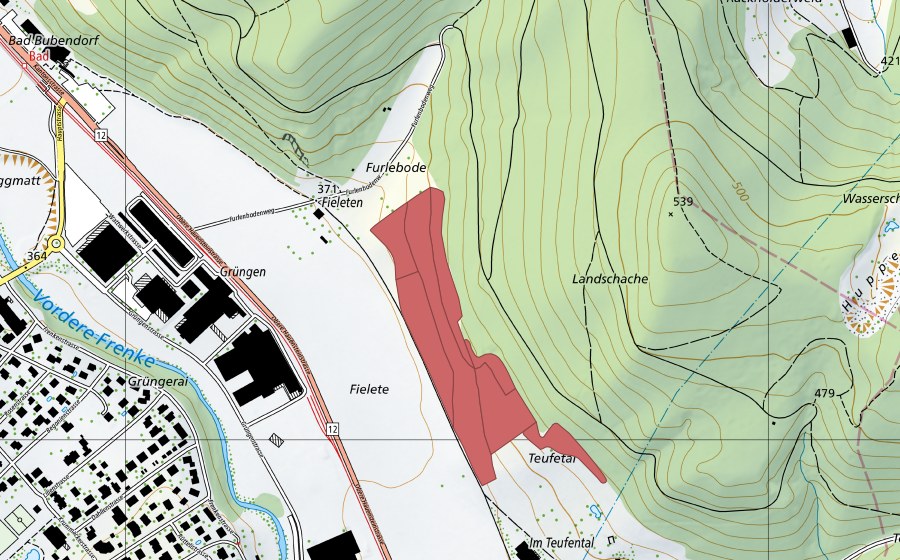 Landeskarte swisstopo mit dem Schutzperimeter von Fieleten (Trockenwiese)