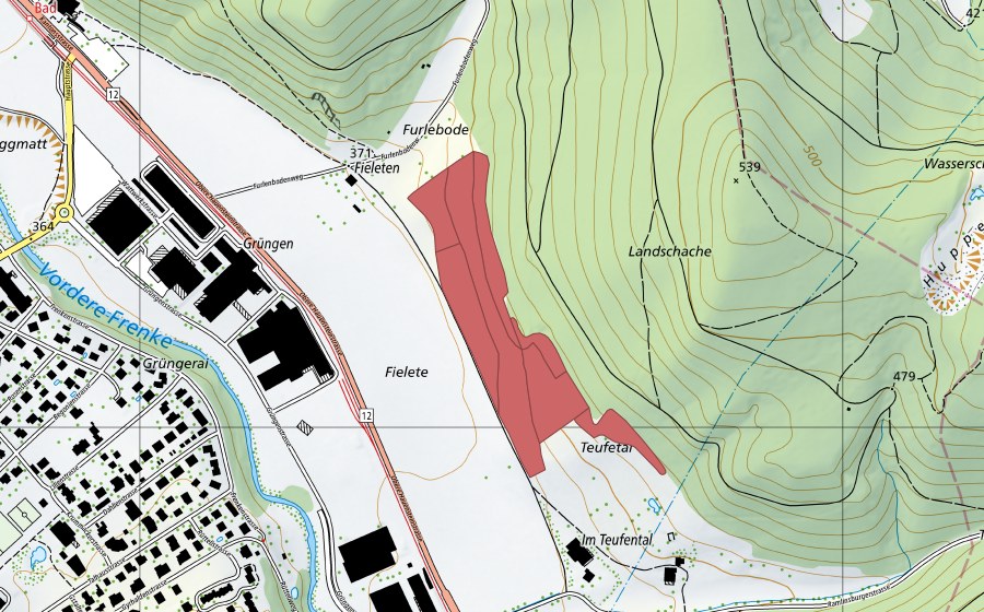 swisstopo national map showing the protected perimeter of Fieleten (Dry meadow)