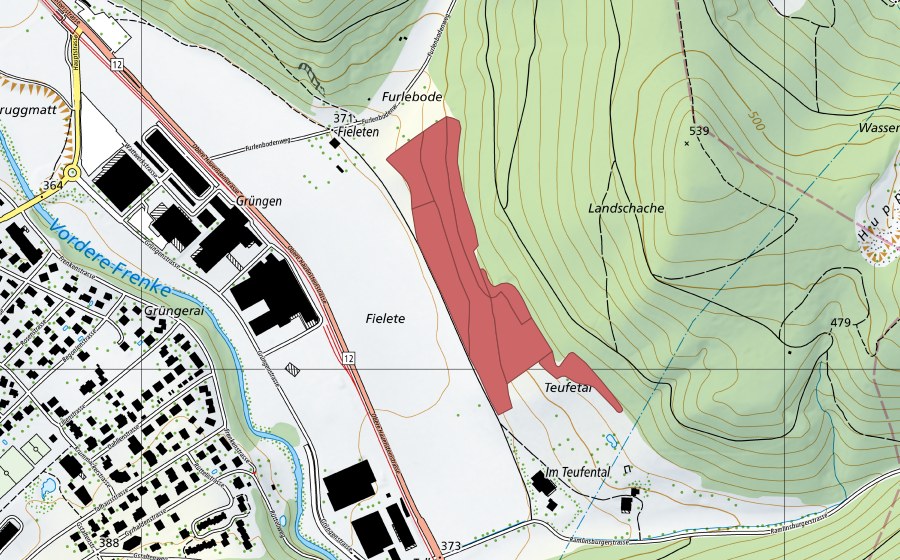 Carte nationale swisstopo avec le périmètre protégé de Fieleten (Prairie sèche)