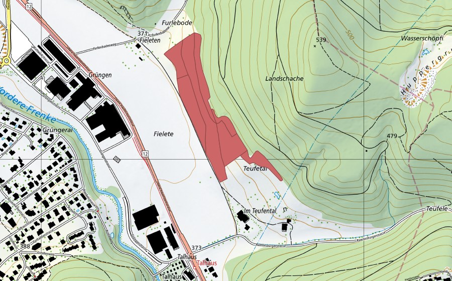 swisstopo national map showing the protected perimeter of Fieleten (Dry meadow)
