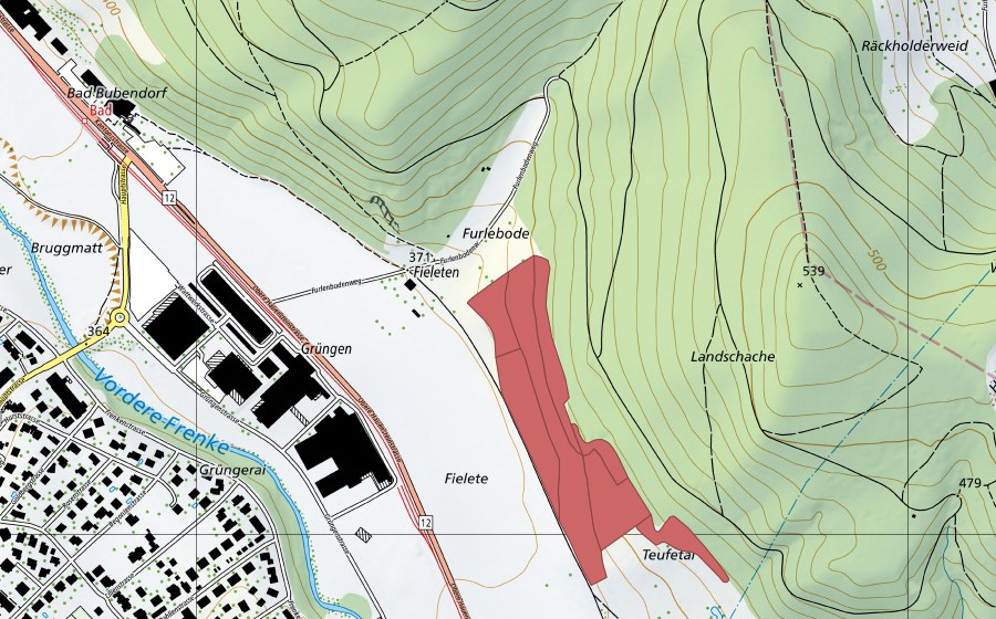 swisstopo national map showing the protected perimeter of Fieleten (Dry meadow)