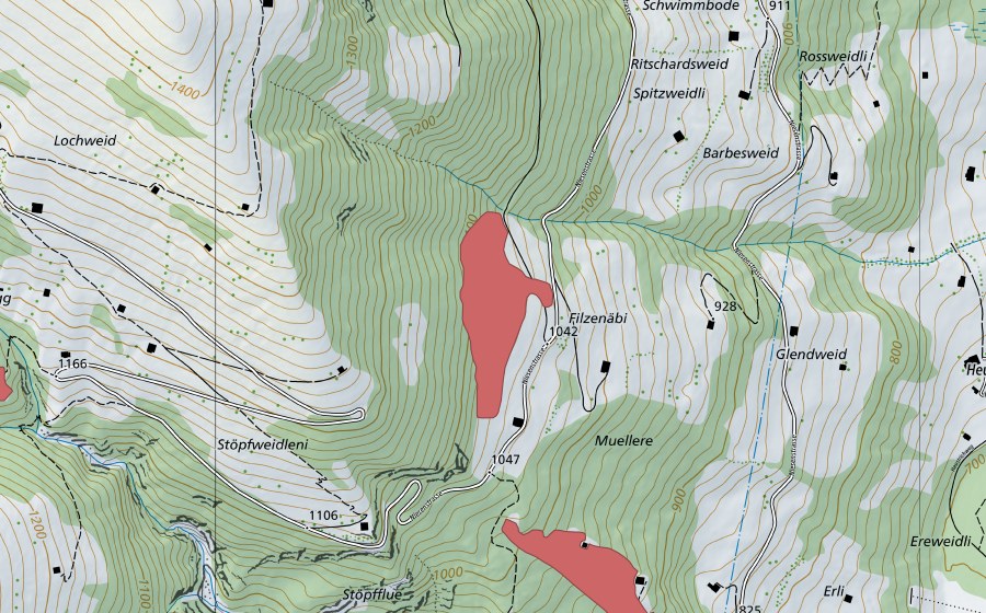 swisstopo national map showing the protected perimeter of Filzenäbi (Dry meadow)