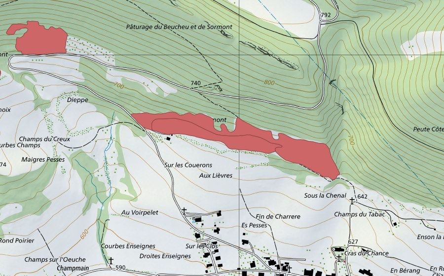 Carte nationale swisstopo avec le périmètre protégé de Fin de Charrère (Prairie sèche)