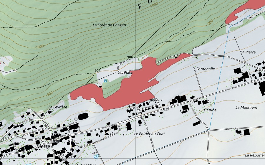 Landeskarte swisstopo mit dem Schutzperimeter von Fin de Chenaux (Trockenwiese)