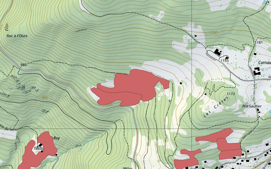 Carte nationale swisstopo avec le périmètre protégé de Fin de Juret (Prairie sèche)