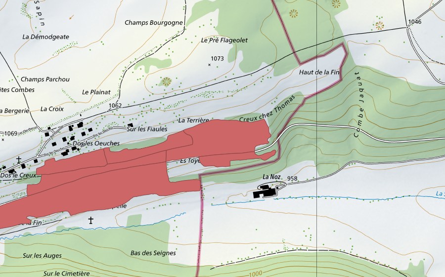 Carte nationale swisstopo avec le périmètre protégé de Fin de la Madeleine (Prairie sèche)