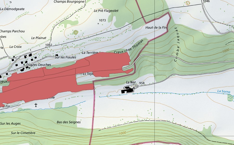 Landeskarte swisstopo mit dem Schutzperimeter von Fin de la Madeleine (Trockenwiese)