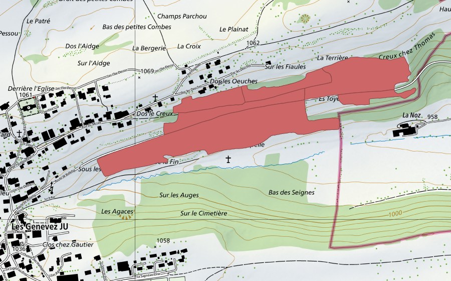 Landeskarte swisstopo mit dem Schutzperimeter von Fin de la Madeleine (Trockenwiese)