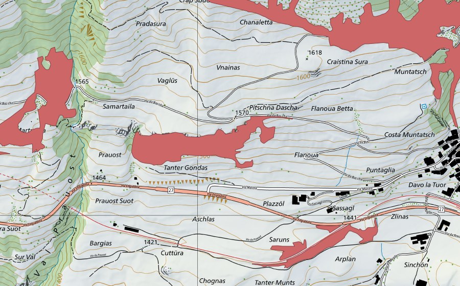Carte nationale swisstopo avec le périmètre protégé de Flanoua (Prairie sèche)