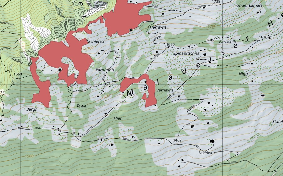 Carte nationale swisstopo avec le périmètre protégé de Flies (Prairie sèche)