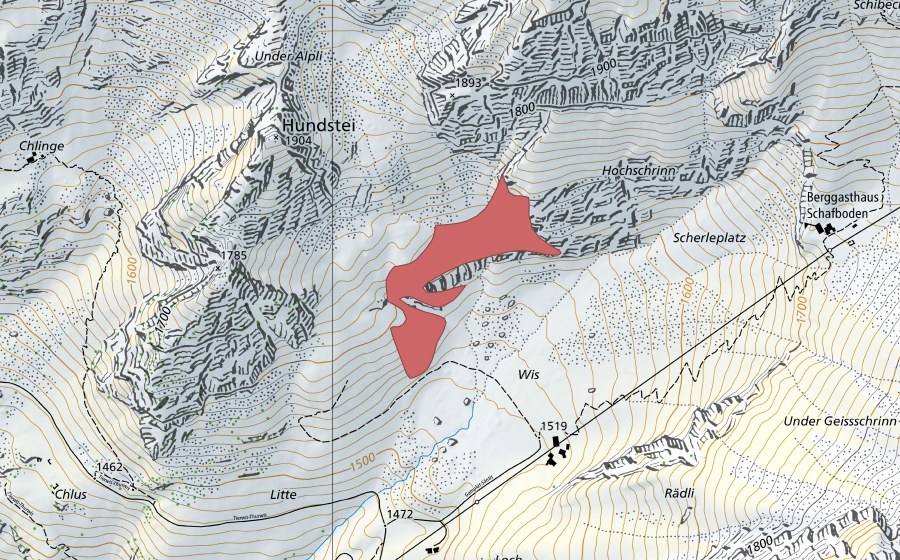 Landeskarte swisstopo mit dem Schutzperimeter von Flisalp (Trockenwiese)