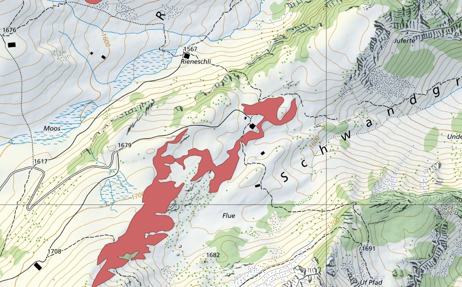 Carte nationale swisstopo avec le périmètre protégé de Flue (Prairie sèche)