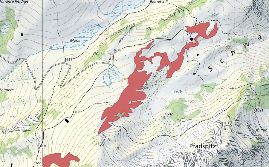 Landeskarte swisstopo mit dem Schutzperimeter von Flue (Trockenwiese)