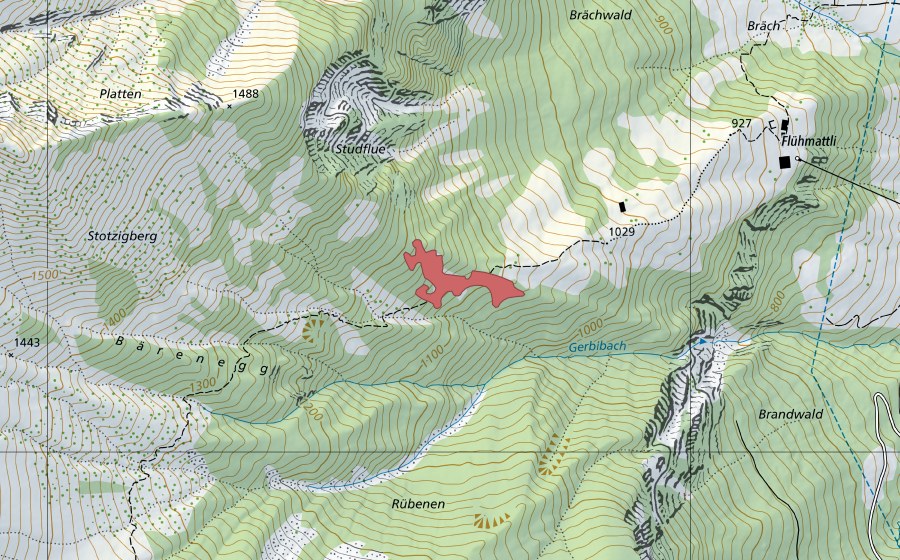 Landeskarte swisstopo mit dem Schutzperimeter von Flüemattli (Trockenwiese)