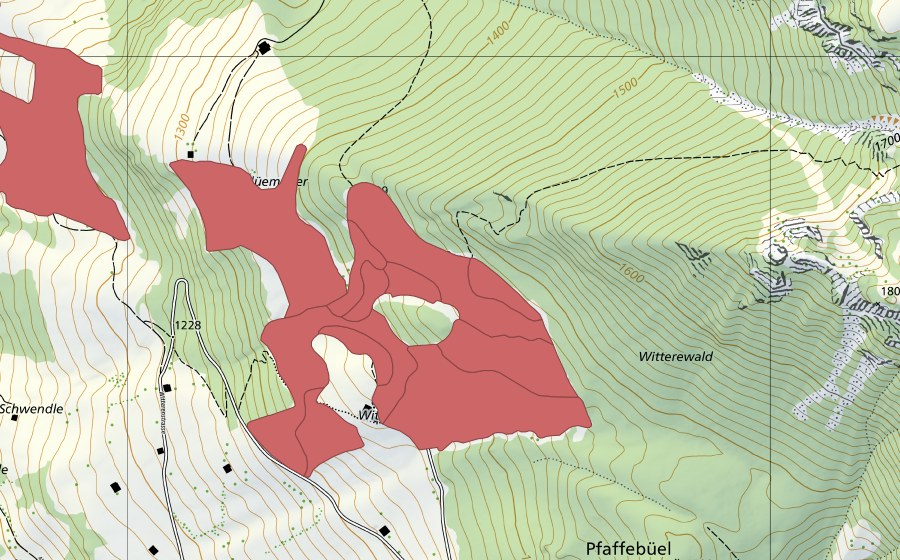swisstopo national map showing the protected perimeter of Flüemeder (Dry meadow)