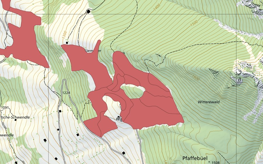 Carte nationale swisstopo avec le périmètre protégé de Flüemeder (Prairie sèche)