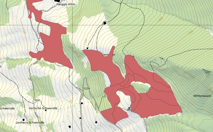 Landeskarte swisstopo mit dem Schutzperimeter von Flüemeder (Trockenwiese)