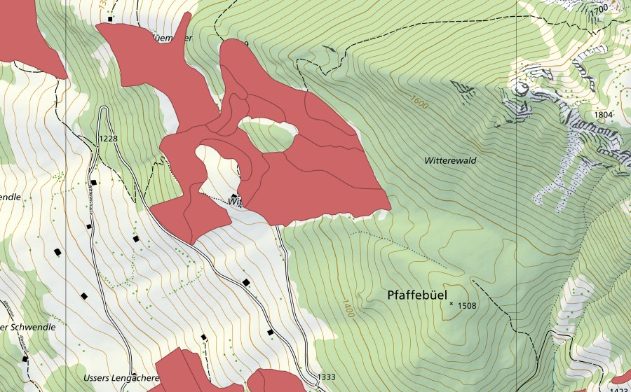 swisstopo national map showing the protected perimeter of Flüemeder (Dry meadow)