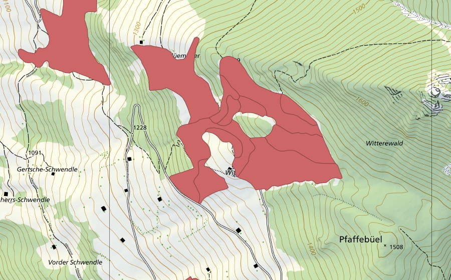 swisstopo national map showing the protected perimeter of Flüemeder (Dry meadow)