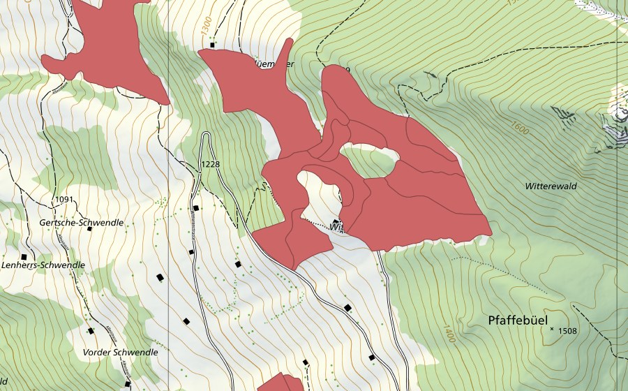 Carte nationale swisstopo avec le périmètre protégé de Flüemeder (Prairie sèche)