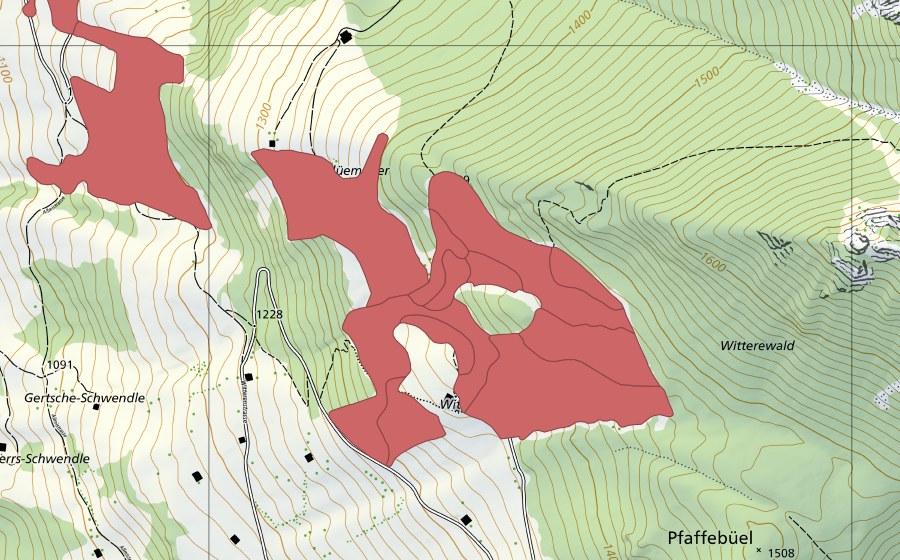 Carte nationale swisstopo avec le périmètre protégé de Flüemeder (Prairie sèche)