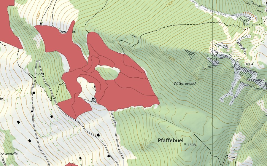 Landeskarte swisstopo mit dem Schutzperimeter von Flüemeder (Trockenwiese)