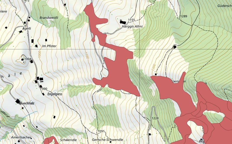 Carte nationale swisstopo avec le périmètre protégé de Flüemeder (Prairie sèche)