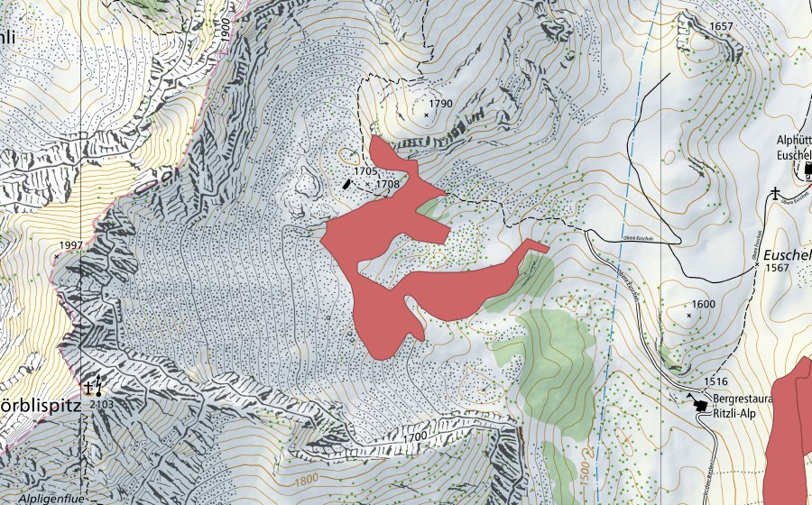 Carte nationale swisstopo avec le périmètre protégé de Fochsen (Prairie sèche)