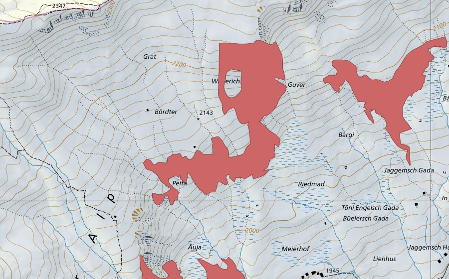 swisstopo national map showing the protected perimeter of Fondei (Dry meadow)