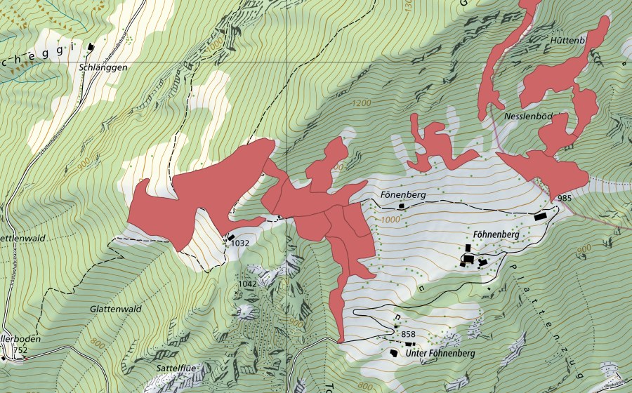 Carte nationale swisstopo avec le périmètre protégé de Fönenbergen (Prairie sèche)