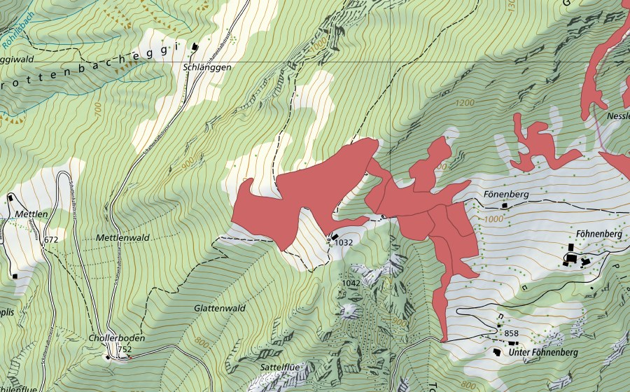 Landeskarte swisstopo mit dem Schutzperimeter von Fönenbergen (Trockenwiese)
