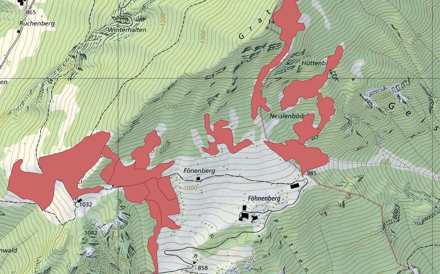 swisstopo national map showing the protected perimeter of Fönenbergen (Dry meadow)
