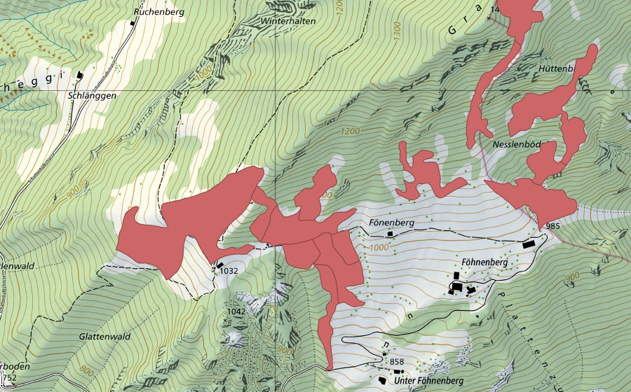 Landeskarte swisstopo mit dem Schutzperimeter von Fönenbergen (Trockenwiese)