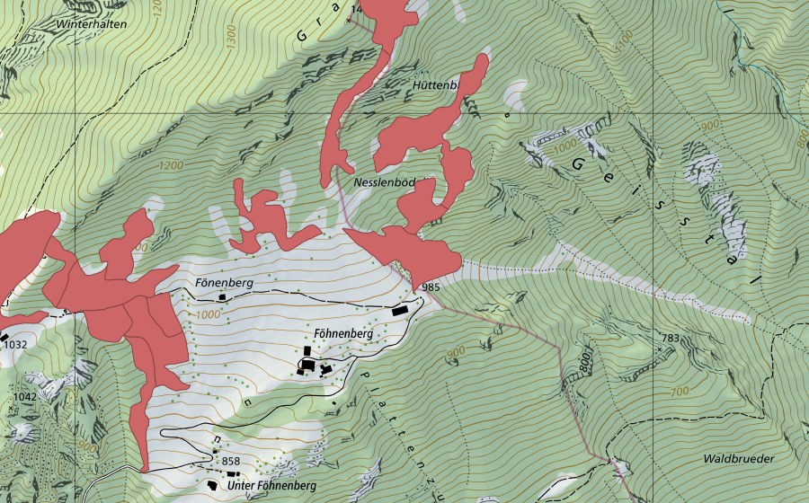 Landeskarte swisstopo mit dem Schutzperimeter von Fönenbergen (Trockenwiese)